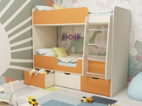 Кровать двухъярусная Малыш двойняшка дуб молочный-оранжевый в Верхнем Тагиле - verhnij-tagil.magazinmebel.ru | фото